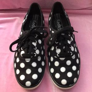Womens black keds with white and silver lined polka dots
